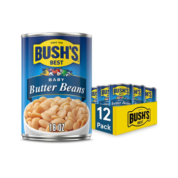BUSHS BEST 16 oz Canned Baby Butter Beans, Source of Plant Based Protein and Fiber, Low Fat, Gluten Free, (Pack of 12)