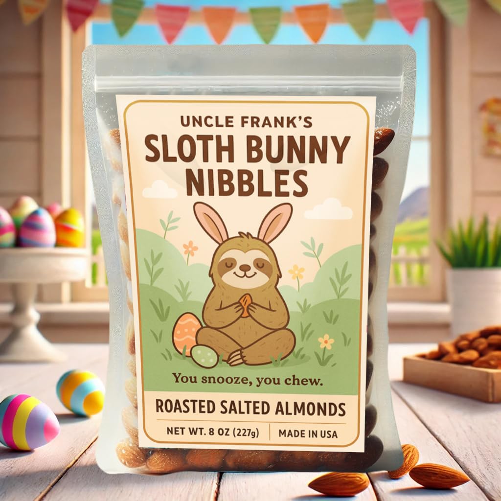 Uncle Franks Sloth Bunny Nibbles - 8Oz Roasted Salted Almonds - Easter Snack For Sloth Lovers - Animal-Themed Basket Filler - Ge