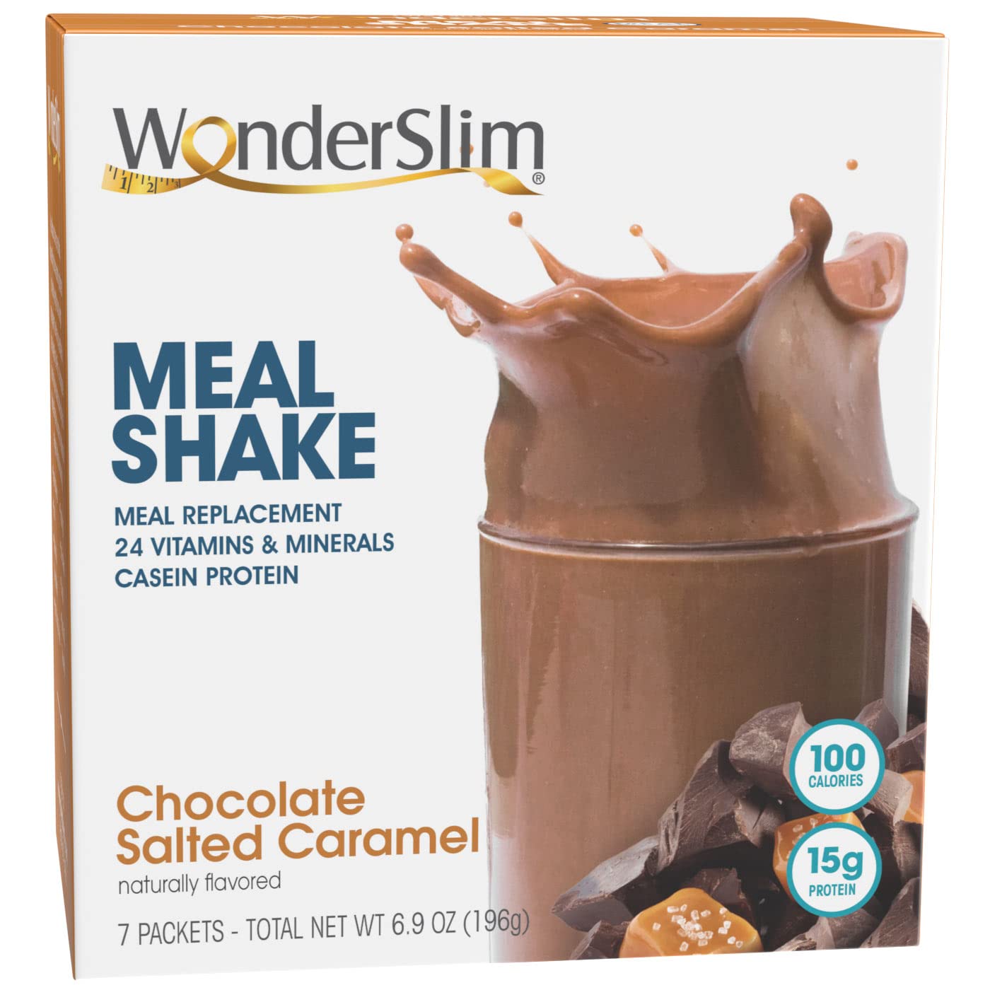 WonderSlim Meal Replacement Shake, Chocolate Salted Caramel, 100 Calories, 15g Protein, 7 Count Box