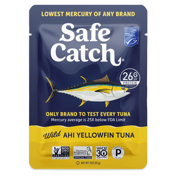 Safe Catch Wild Ahi Yellowfin Tuna Fish Pouches, Wild Caught, Lowest Mercury, Lean Protein, Omega 3, Gluten-Free, Kosher, Pack O