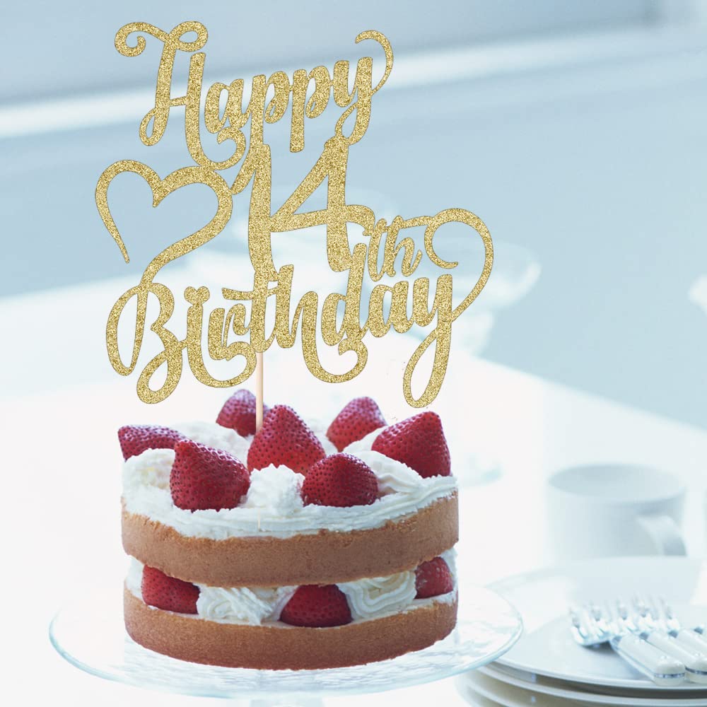 Arokippry Gold Glitter Happy 14Th Birthday Cake Topper - 14 Anniversarybirthday - Hello 14, Cheers To 14 Years,14 Fabulous Cake