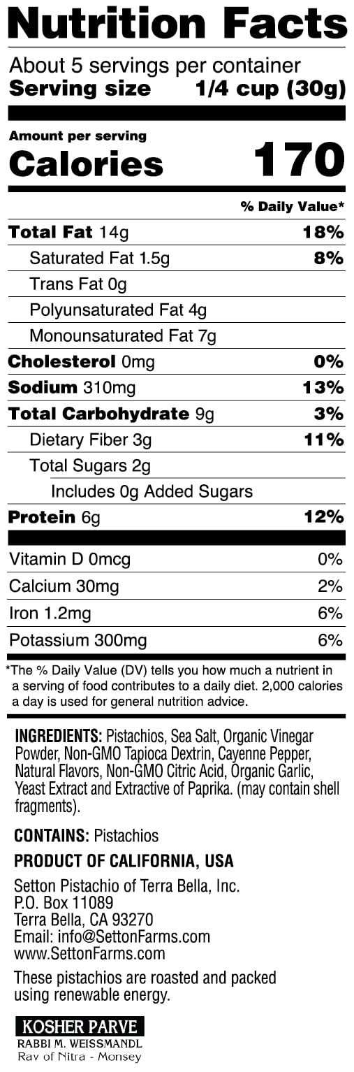 Setton Farms Pistachios, Buffalo Wing Bold Flavor Naturally Seasoned No Shell Pistachio Nuts, Gluten Free, Vegan, Kosher, 5 Oz, Pack Of 8, 5 Ounce (Pack Of 8)