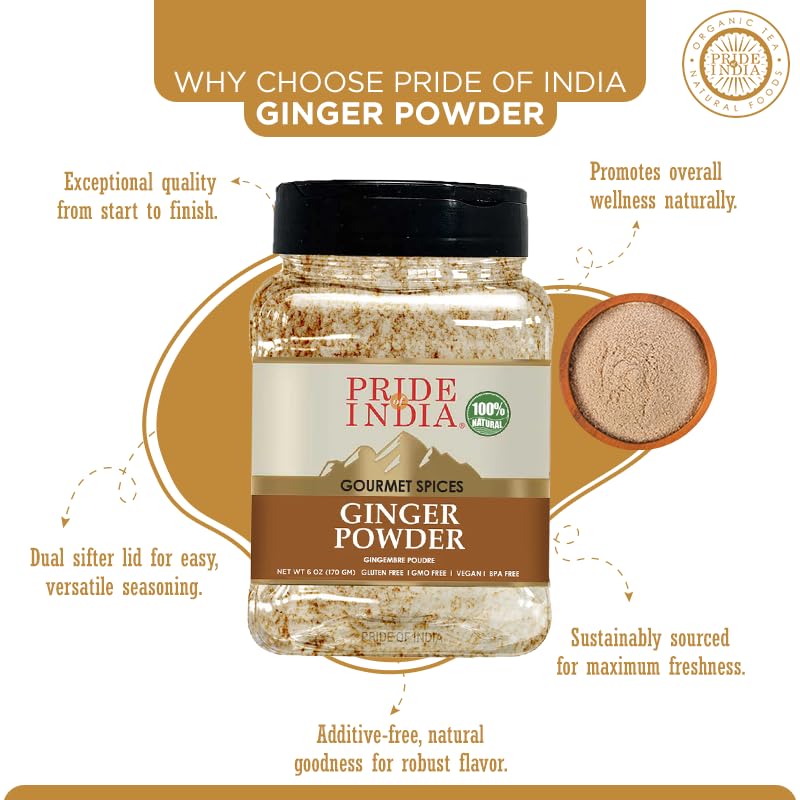 Pride Of India Ginger Fine Ground Gourmet Spice, 8oz Medium Dual Sifter Bottle, No Additives, Fresh Root Powder