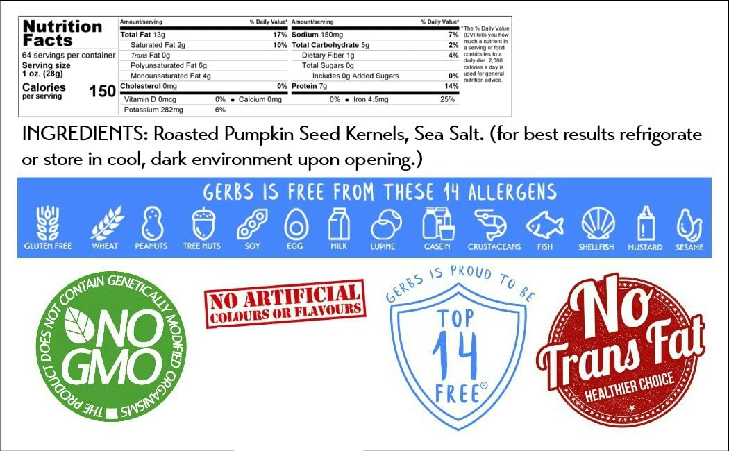 GERBS Lightly Sea Salted Pumpkin Seed Kernels - Dry Roasted Pepitas, 4 LBS, Non-GMO, Allergen-Free