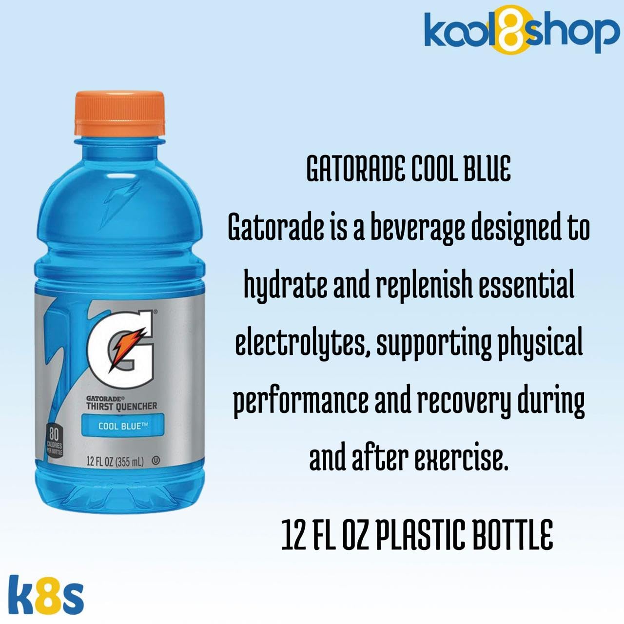 Gatorade Cool Blue Thirst Quencher Electrolyte Enhanced Sports Drink 12 Fl Oz Plastic Bottle 18 Pack + 1 Microfiber Cooling Towe