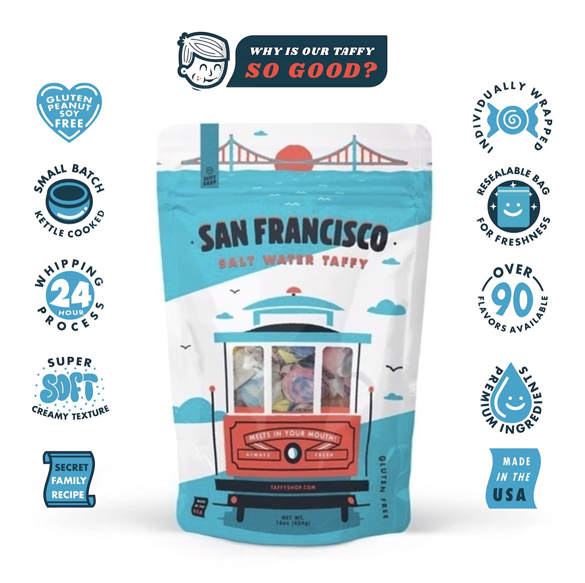 Taffy Shop San Francisco Salt Water Taffy - Small Batch Salt Water Taffies Made In The Usa - Super Soft, Sweet, Taffy Candy - Guaranteed Fresh - Gluten-Free, Soy-Free, Peanut-Free - 7Oz