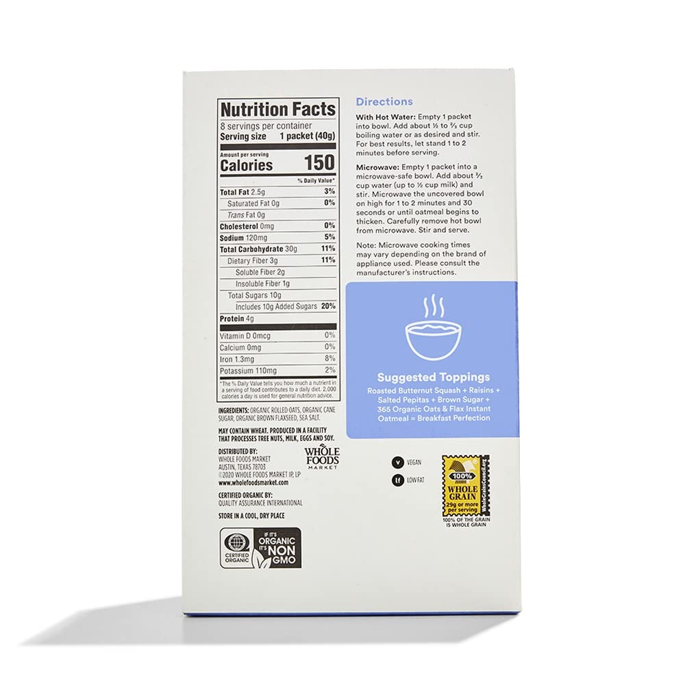 365 By Whole Foods Market, Organic Instant Oatmeal, Oats & Flax, 11.3 Ounce, 8 Count