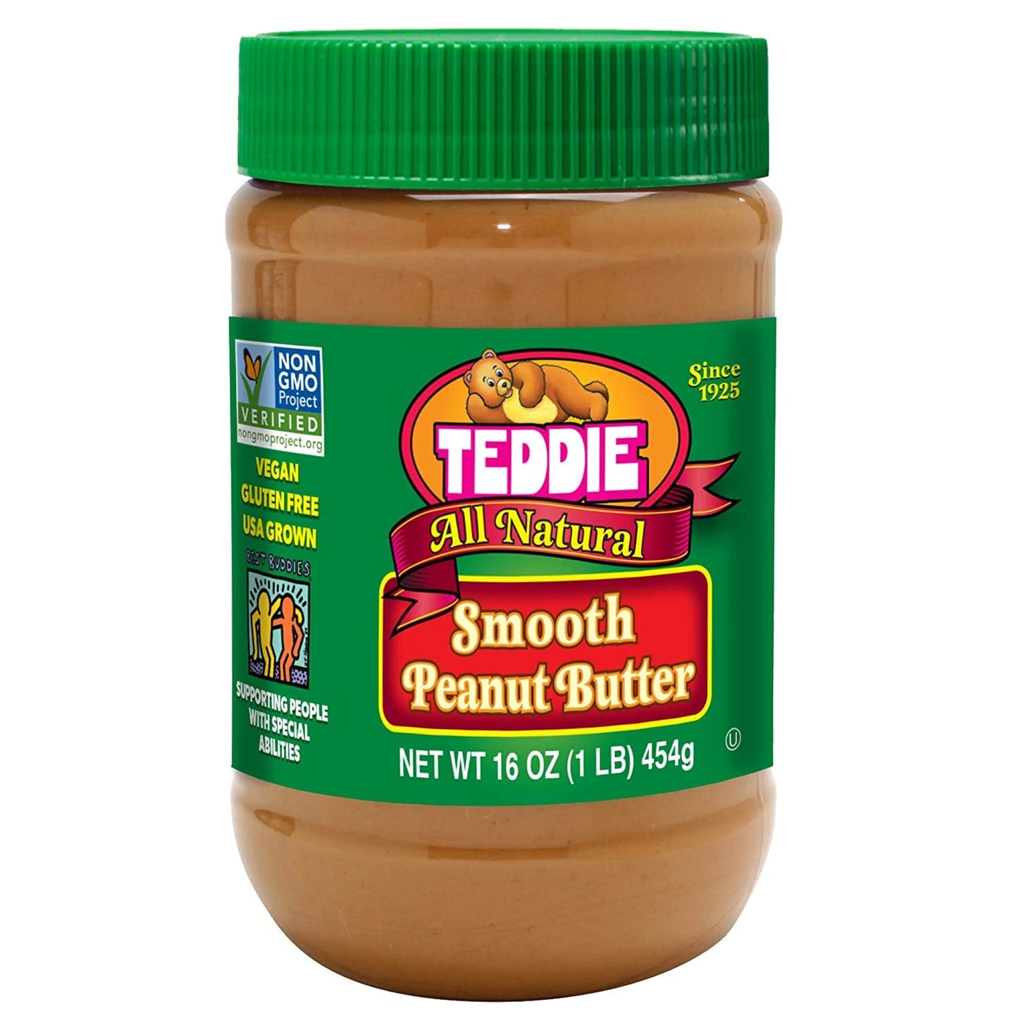 Teddie All Natural Peanut Butter, 16 Ounce 4 Pack Smooth, Gluten Free & Vegan, 16 Ounce Plastic Jar