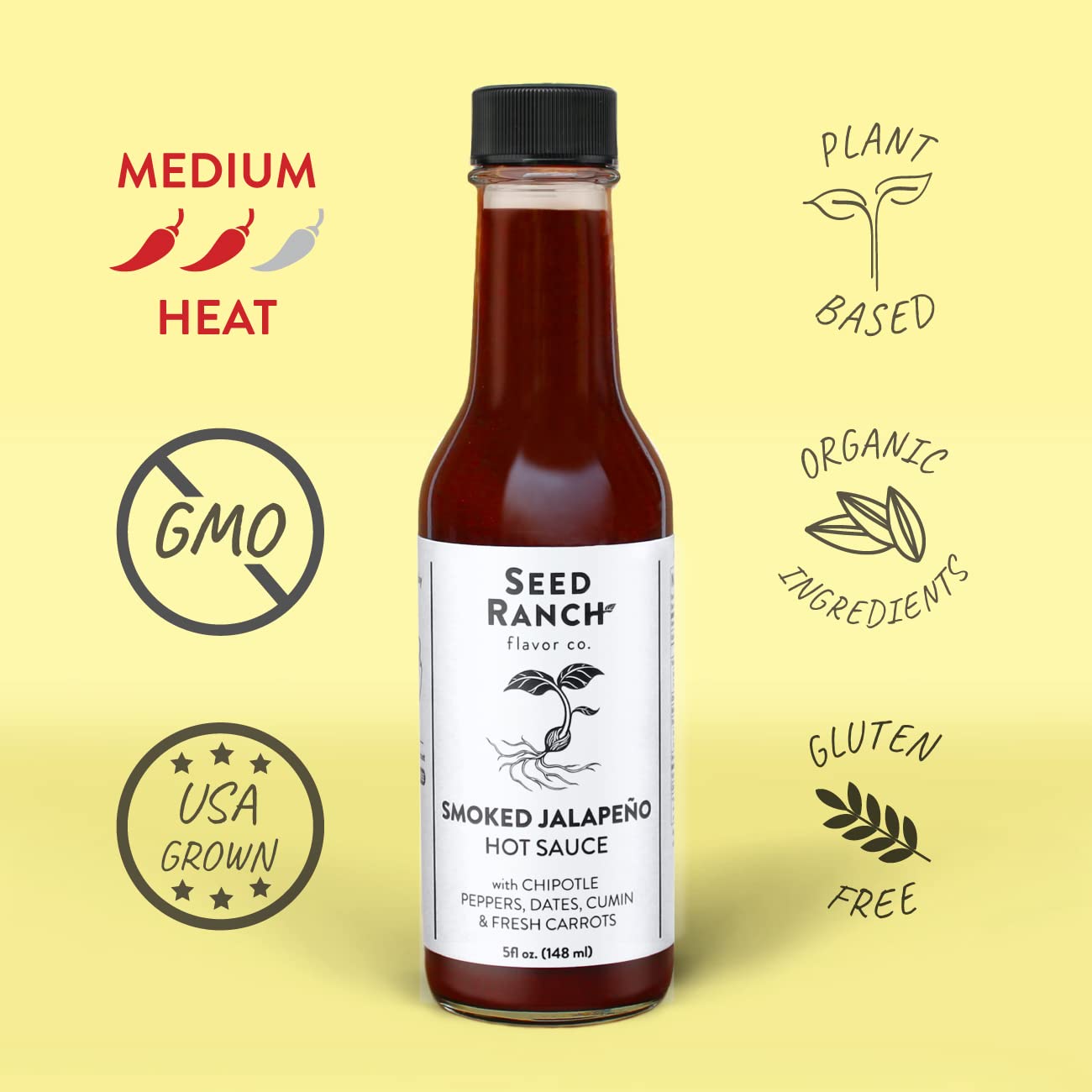 Seed Ranch Gourmet Smoked Jalapeno Hot Sauce - Medium Heat - 5 Fl Oz - Vegan, Non-GMO