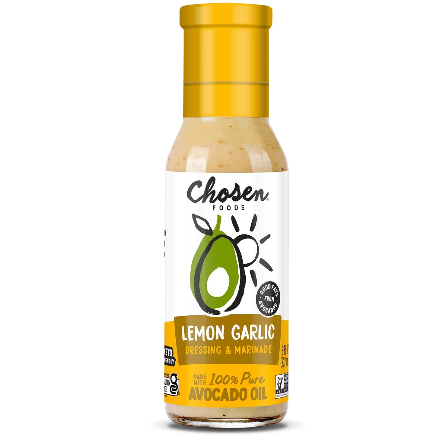 Chosen Foods Avocado Oil-Based Lemon Garlic Salad Dressing and Marinade - Gluten-Free, Certified Non-GMO, Gluten Free, 8 oz