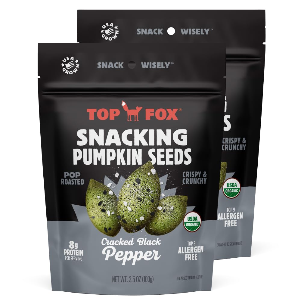 Top Fox Snacks - Organic Pop-Roasted Pumpkin Seeds | Healthy Protein Snacks - Gluten Free - Keto And Vegan Friendly (Salt & Pepper, 3.5 Oz - 2 Pack)