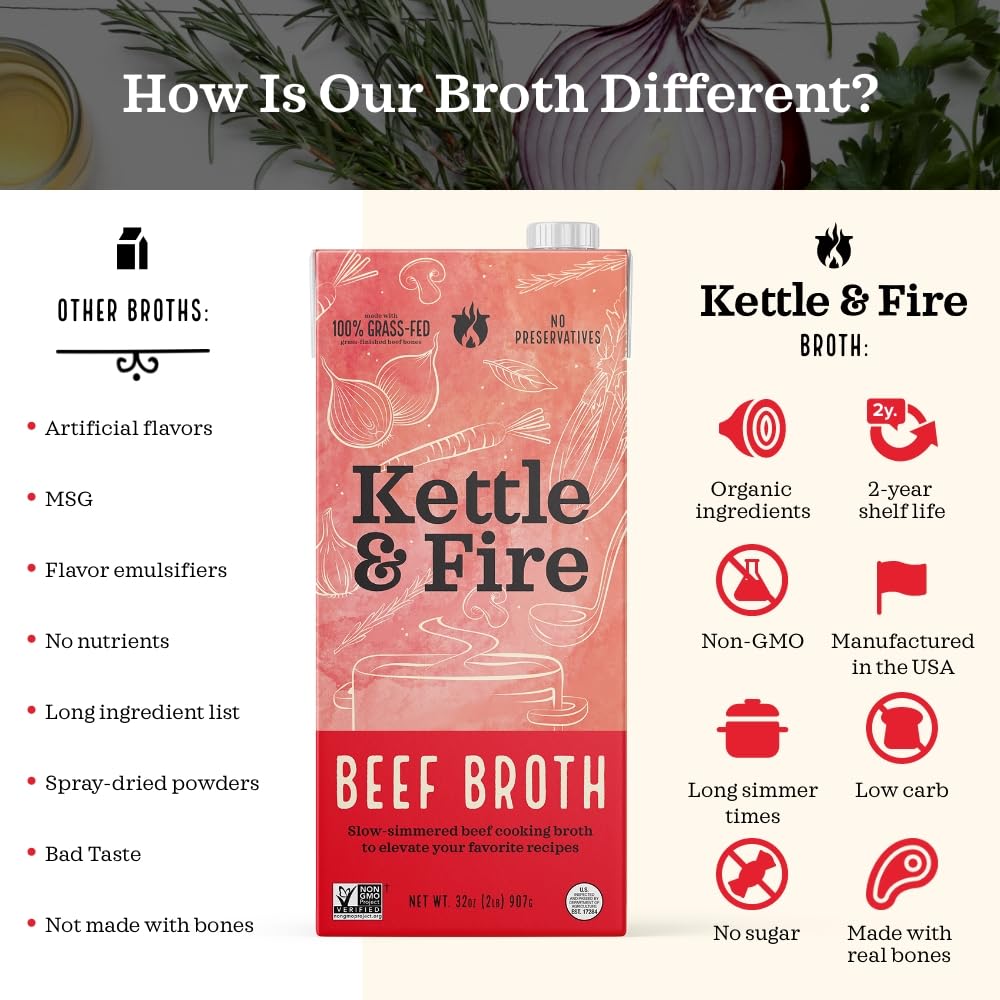 Kettle And Fire Beef Cooking Broth, Keto, Paleo, And Whole 30 Approved, Gluten Free, High In Protein And Collagen, 4 Pack (32 Ou