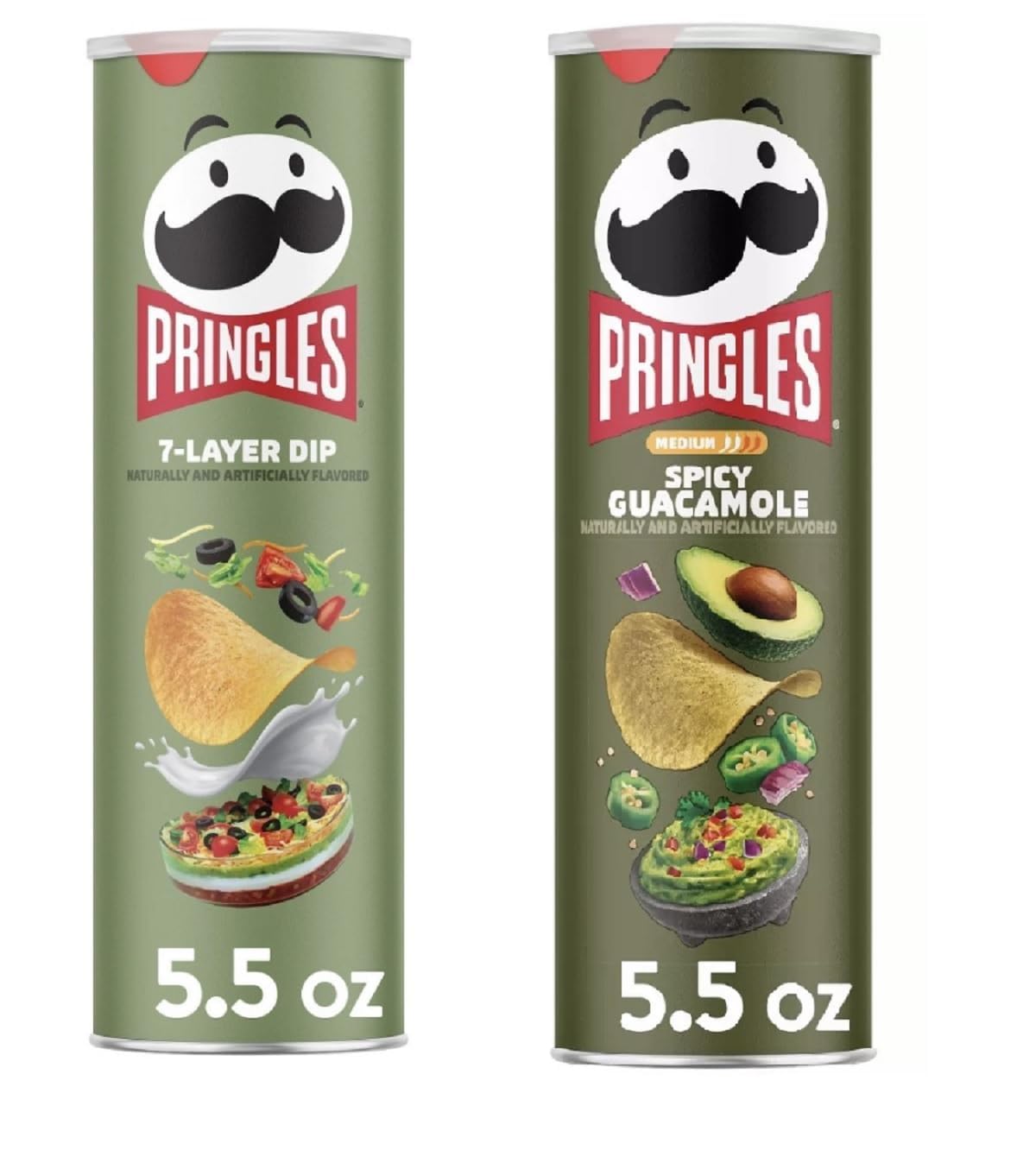 Pringles Potato Chips Flavor Pairing Variety Set 5.5oz - 2 cans (7-Layer Dip & Spicy Guacamole)