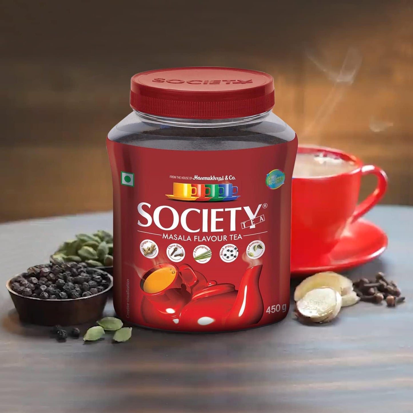 Society Masala Tea 16 Oz 225 Cups Indian Organic Black Tea With Flavor Blendger Clove Bud Lemongrass Black Pepper & Cardamom Natural Indian Spice Tea Masala Chai Tea Assam Black Tea 450 Grams