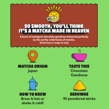 Top Of The Mornin' Green Tea Chocolate Matcha Latte, 10 Individual Packets Of Flavored Matcha, Enjoy Hot Or Cold, Single Serve M