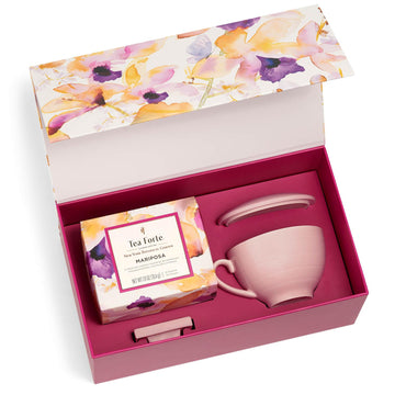 Tea Forte Mariposa 3-Piece Premium Tea Gift Set With Rose Pink Cafe Cup And Lid, Tea Tray And 10 Count Mini Presentation Box, 2