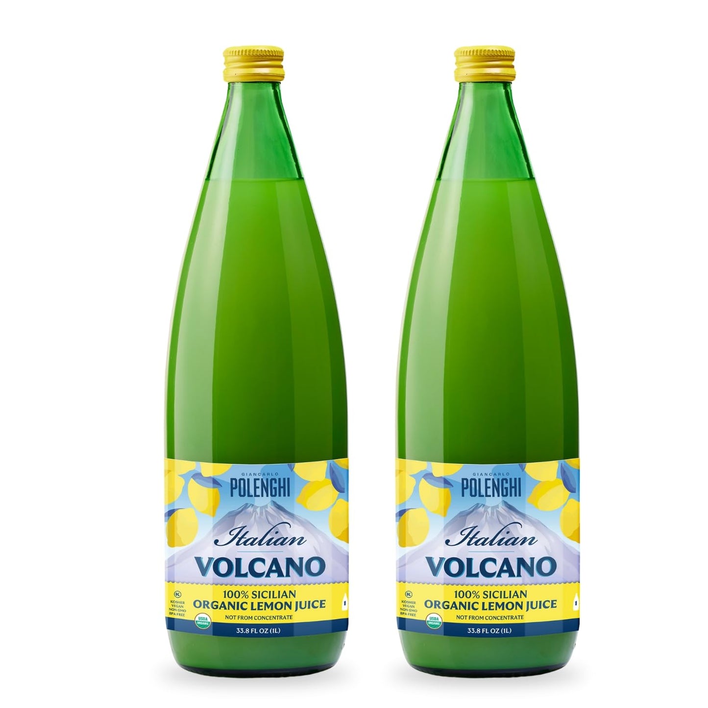 Organic Italian Volcano Lemon Juice, 33.8 Fl Oz - Pure Sicilian Lemons for Cooking, Baking, and Beverages (33.8 Fl Oz (Pack of 2