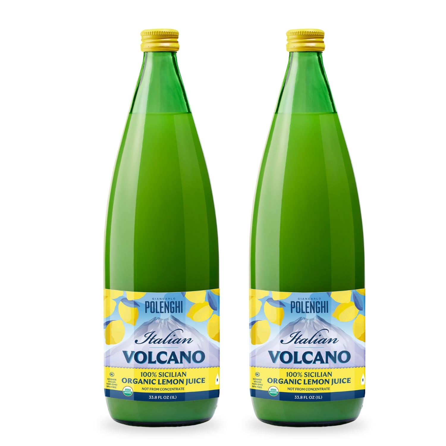 Organic Italian Volcano Lemon Juice, 33.8 Fl Oz - Pure Sicilian Lemons for Cooking, Baking, and Beverages (33.8 Fl Oz (Pack of 2