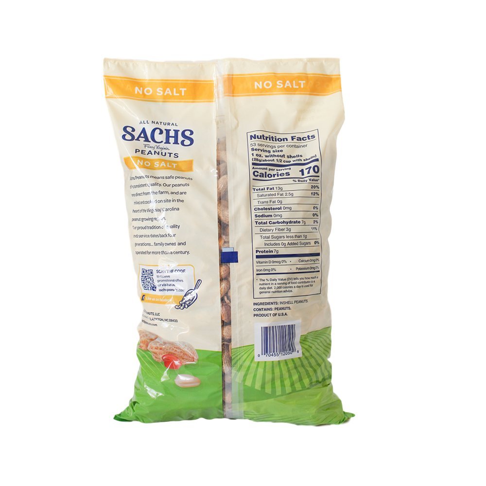 Sachs Unsalted In-Shell Peanuts, 80 Ounce - 5 Pound Pack, Perfect Snack for Health-Conscious Consumers