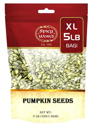 Spicy World Raw Pumpkin Seeds 5 Lb Bag - Shelled, Aaa Grade, Unsalted, Dry, Vegan, Bulk Bag