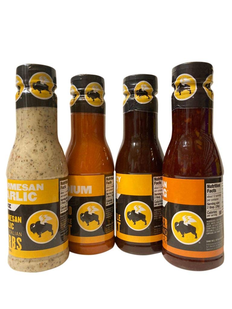 Buffalo Wild Wings Milder Variety Bundle - 4 Pack, 12 Fl Oz Each: Parmesan Garlic, Medium, Honey BBQ, Asian Zing Sauces