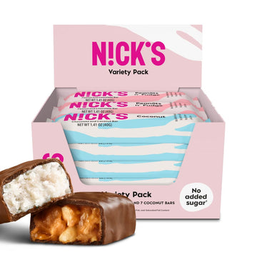 NICK S Keto Chocolate Candy Bars - Coconut and Peanuts n Fudge, Variety Pack, No Added Sugar, Low Carb, 180 Calories, Gluten-