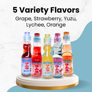 Ramune Japanese Soda Variety Pack - Yuzu, Lychee, Grape, Strawberry, And Orange.Japanese Marble Soda Drink Pack Of 5
