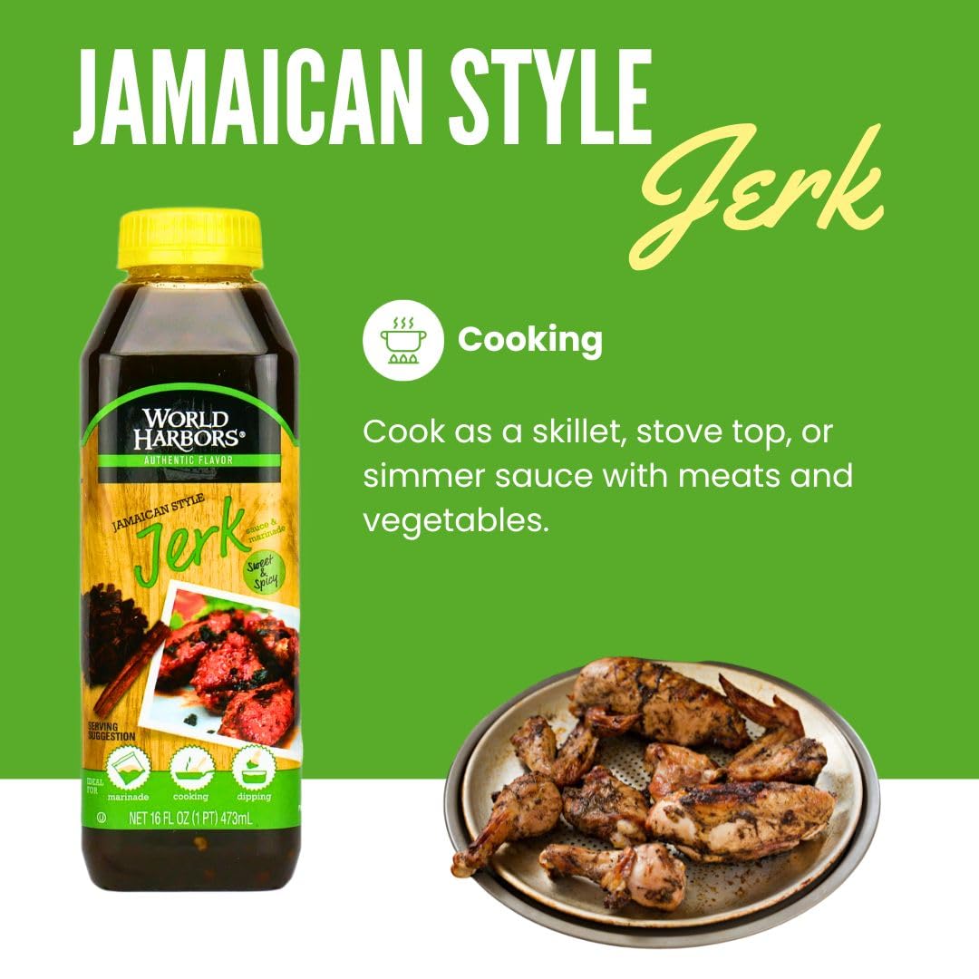 World Harbors Jamaican Jerk Sauce, Sweet & Spicy Marinade, 16 oz (Pack of 2) for Chicken, Sirloin, Shrimp, Glazing & Dipping
