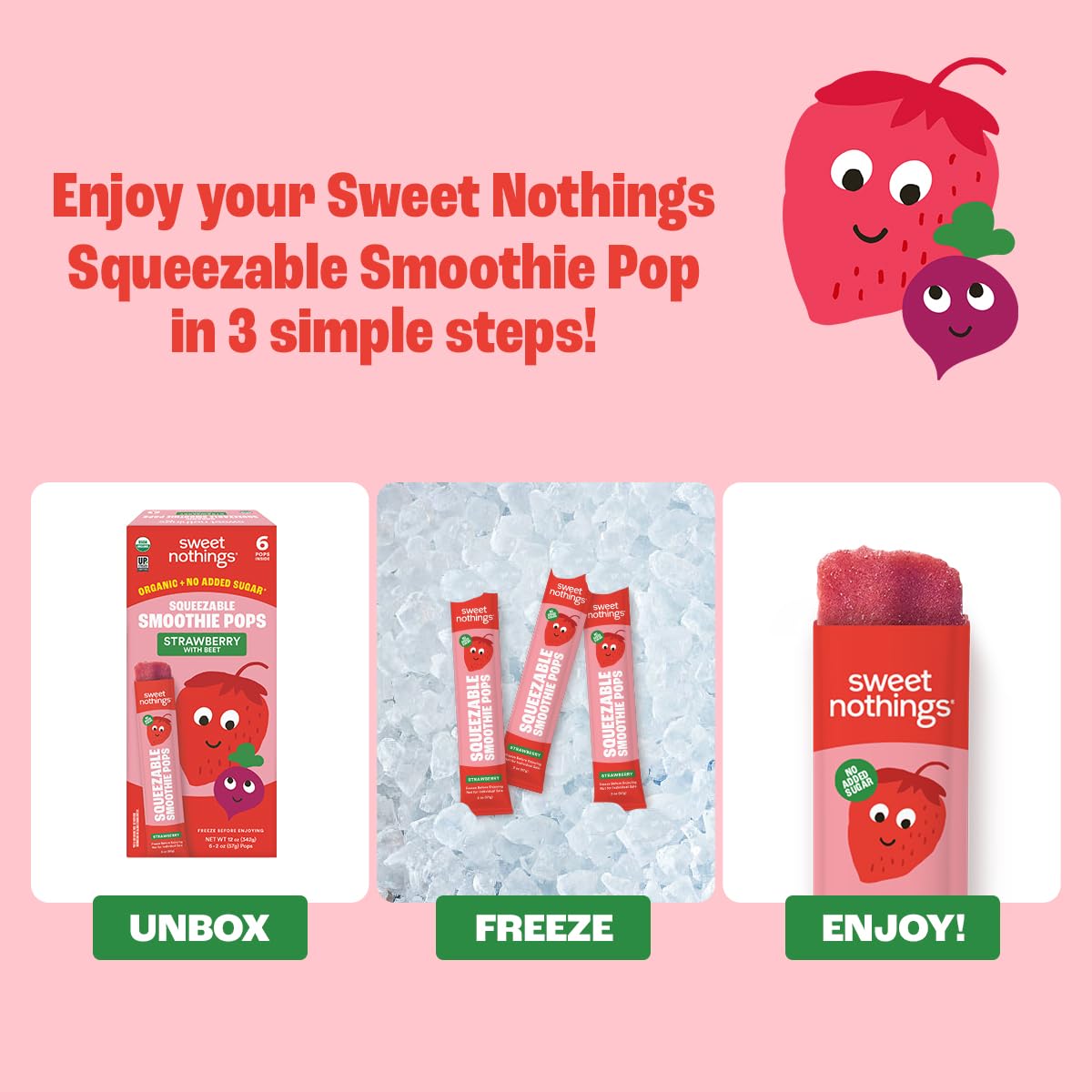 Sweet Nothings, Strawberry, Usda Organic Kids' Squeezable Super Fruit Smoothie Freezie Popsicle Pops, Value Pack Of 24 - Dye-Fre