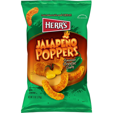 Herrs Jalapeno Poppers Flavored Cheese Curls, Gluten Free Snacks, 6oz Bag (12 Count)