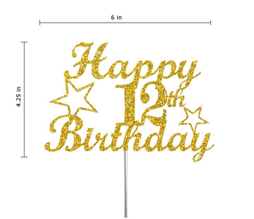 RokAPary 12th Birthday Cake Topper, Gold Glitter, Sturdy Double-Sided Acrylic, Model RCT217