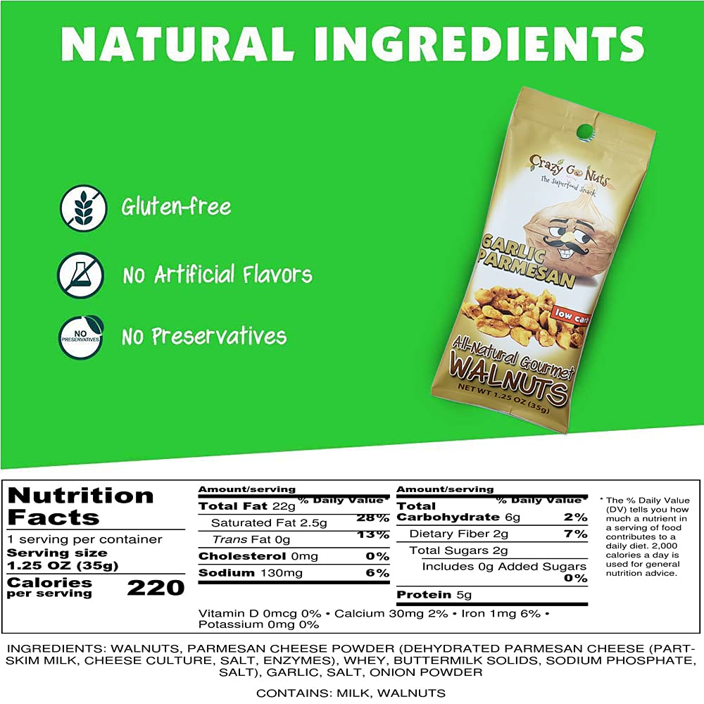 Crazy Go Nuts Walnuts - Garlic Parmesan, 1.25 Oz (6-Pack) - Healthy Snacks, Keto, Low Carb, Gluten Free, Superfood - Natural, Al