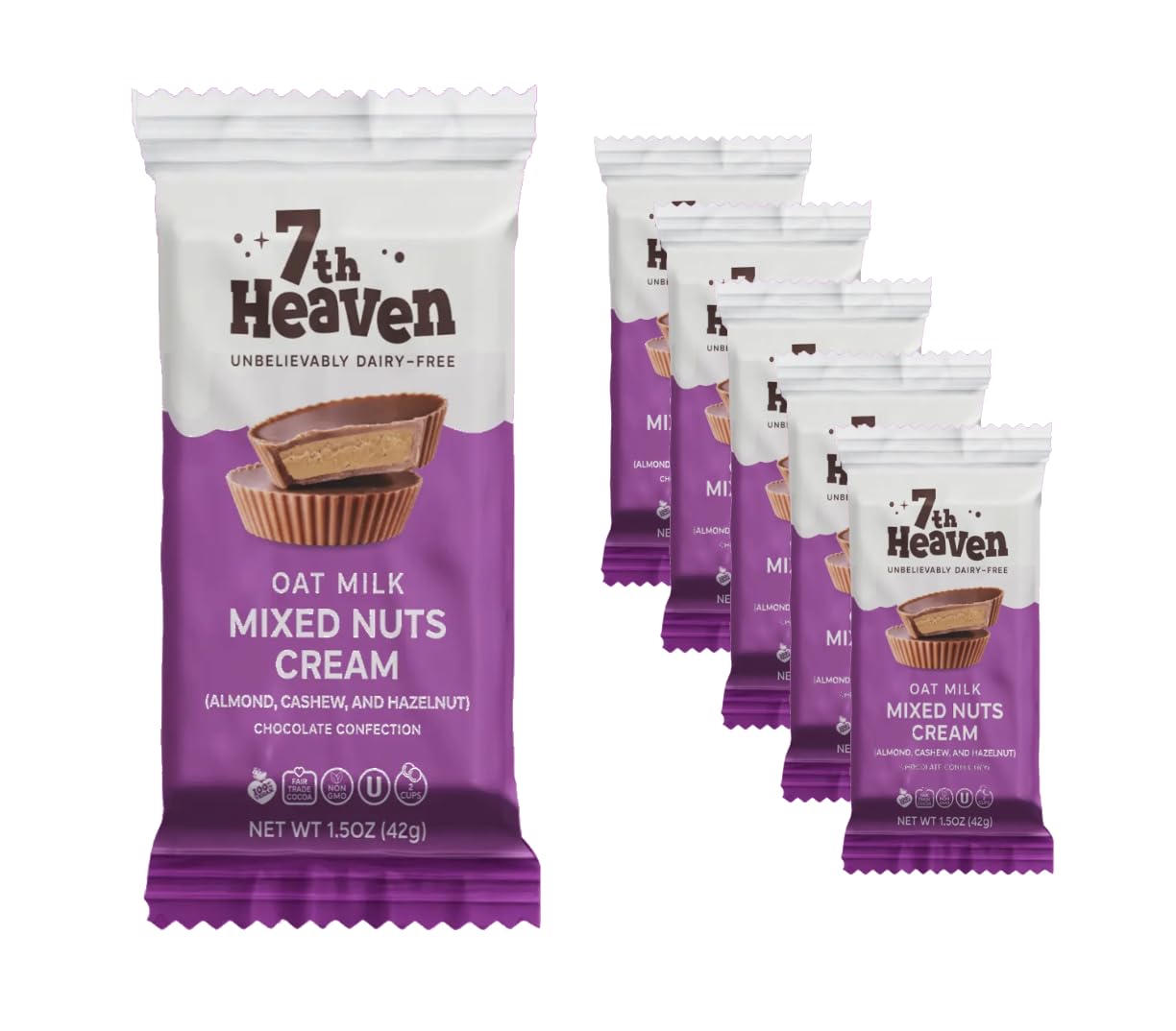 7Th Heaven Vegan Oat Milk Chocolate Cups: Mixed Nuts - (1.5 Oz - 6 Pack) Healthy Chocolate Perfect Valentines Gift For Your Loved Ones 100% Dairy Free Non Gmo Kosher Parve Cruelty Free Fair Trade Cocoa