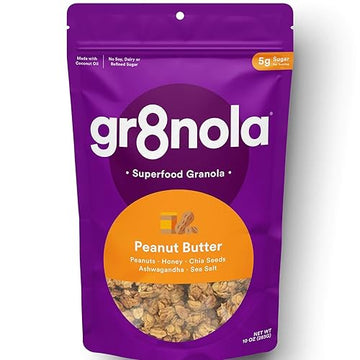 Gr8Nola Peanut Butter - Healthy, Low Sugar Granola Cereal - Made With Superfoods Peanuts, Ashwagandha, And Chia Seeds, Soy Free, Dairy Free And No Refined Sugar - 10Oz Resealable Bag