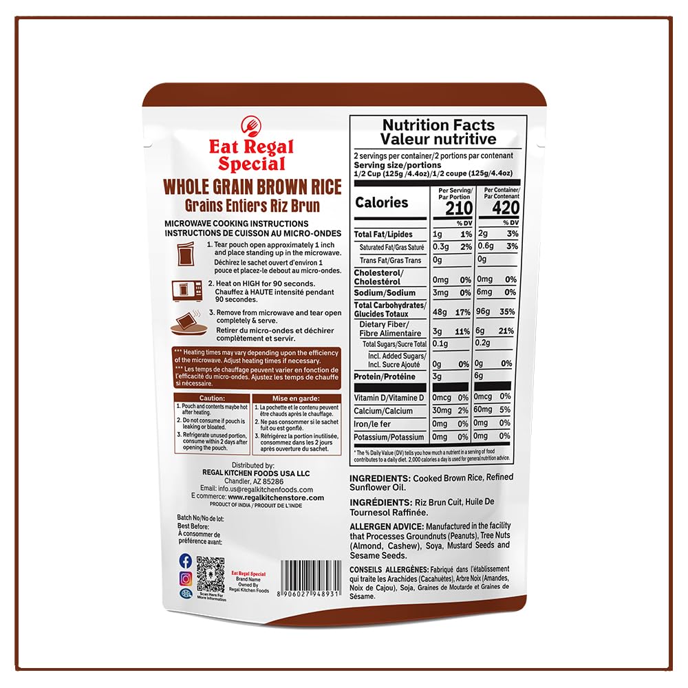 Eat Regal Ready To Eat Whole Grain Brown Rice Microwavable Pack Of 6,8.8Oz | Ready Rice In 90 Seconds | Heat And Eat | Precooked