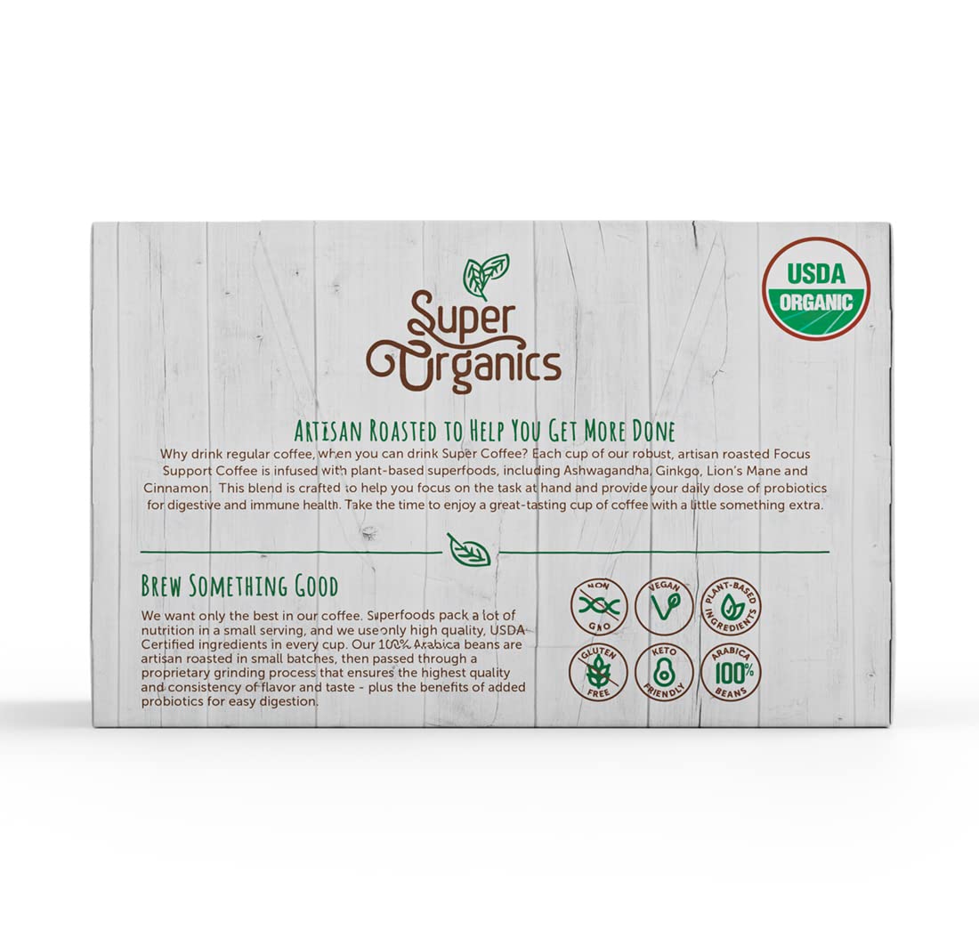 Super Organics Focus Support Coffee Brew Cups, Medium Roast, Vegan, Non-GMO, 10 Count