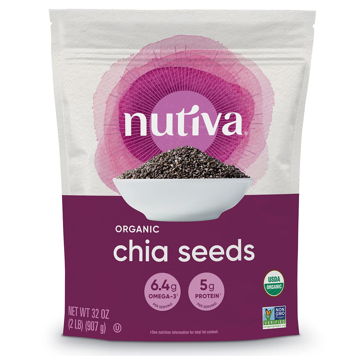 Nutiva USDA Organic enhanced Nutrient-Dense Raw Black Chia Seeds with 3g Protein & 5g Fiber for Salads Yogurt & Smoothies Non-GMO Vegan Gluten-Free Keto & Paleo 32 Ounce (Pack of 1)