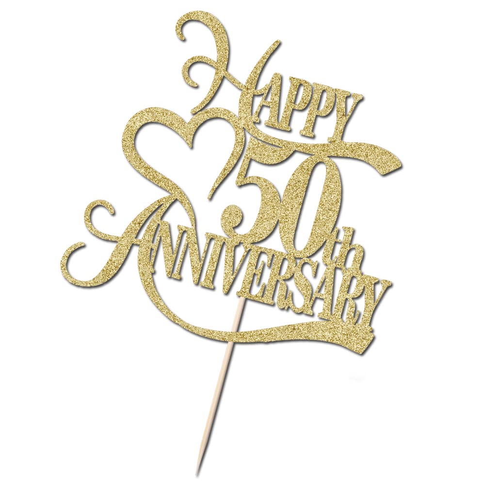 Yetxel Gold Glitter 50th Anniversary Cake Topper - 8x7 inches Decoration for Weddings and Birthdays