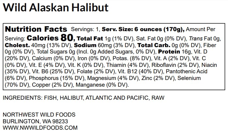 Fresh Frozen Wild Alaskan Halibut By Northwest Wild Foods - Flaky, White Fish, Boneless, Skin-Off, Sustainably Harvested (12 X 6