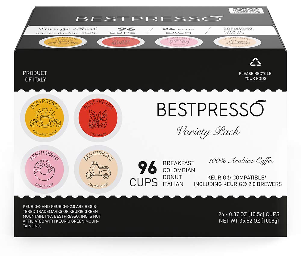 Bestpresso Coffee, Variety Pack Single Serve K-Cup Pods, 96 Count. Includes Breakfast, Colombian, Donut And Italian (Compatible With 2.0 Keurig Malt-Inspired) 8 Packs Of 12 Cups