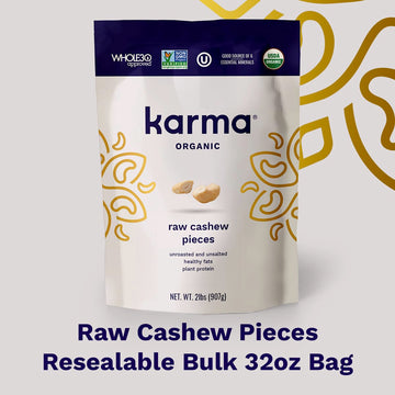 Raw Cashew Pieces By Karma Nuts, Roasted, Vegan, Gluten Free, Low Net Carb, Natural, Everyday Nut Snack, Great For Baking, Resealable Bulk 32Oz Bag