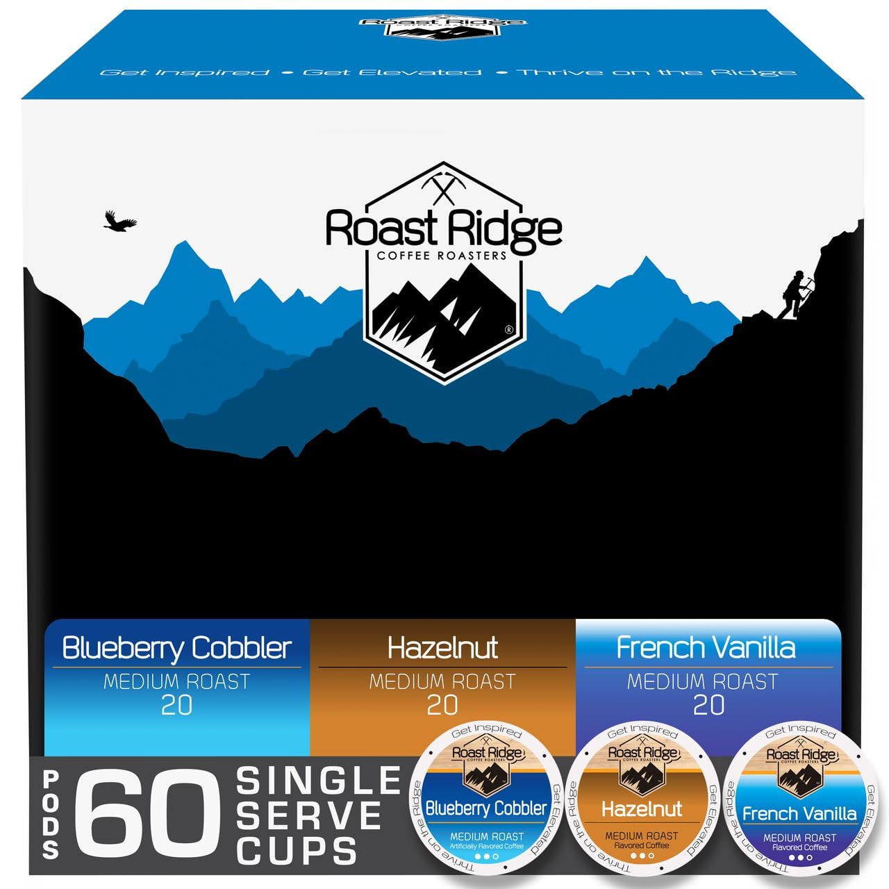 Roast Ridge Single Serve Coffee Pods For Keurig K-Cup Beverage Makers Flavored Variety Pack Medium Roast 60 Count (20 Each: Blueberry Cobbler Hazelnut French Vanilla)