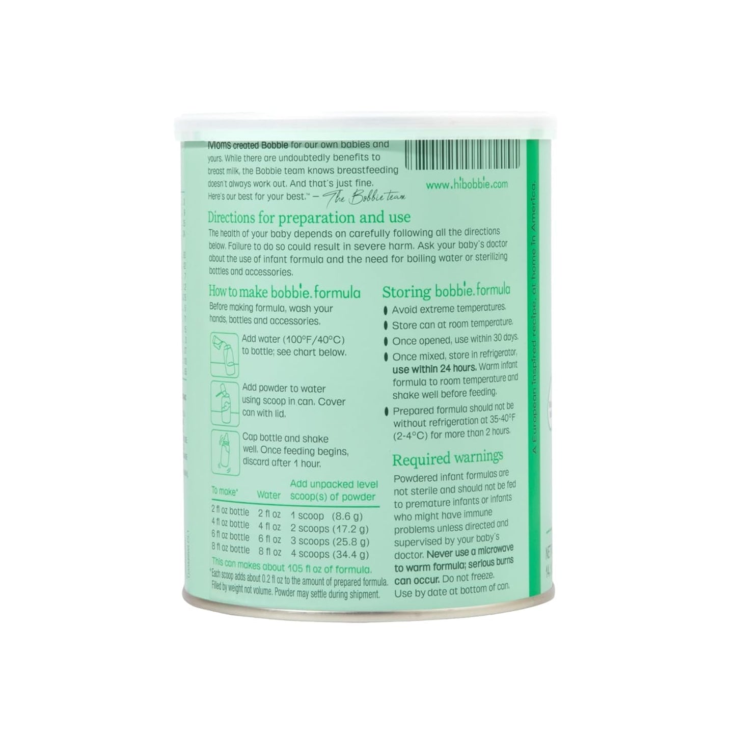 Bobbie Whole Milk, Grass Fed Infant Formula, Milk-Based Powder With Iron, Plant Based Dha & Ara, Vitamin D And Protein Blend Mod