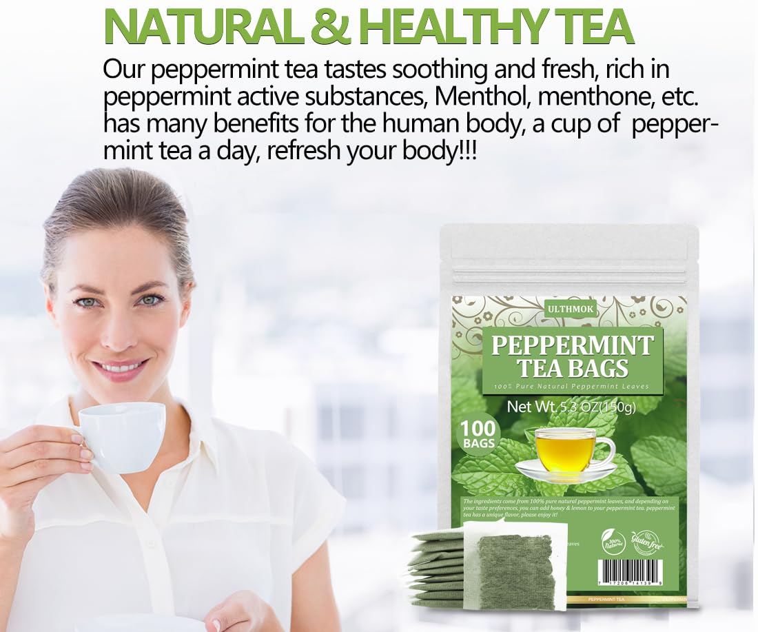 ULTHMOK Premium Peppermint Tea Bags, 100 Count, 100% Natural Peppermint Leaves, Caffeine-Free, No Additives
