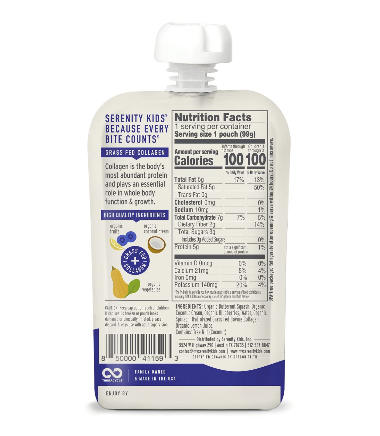 Serenity Kids 6+ Months Dairy-Free Smoothie Baby Food | Usda Organic | Grass Fed Collagen Protein | 3.5 Ounce Bpa-Free Pouch | B