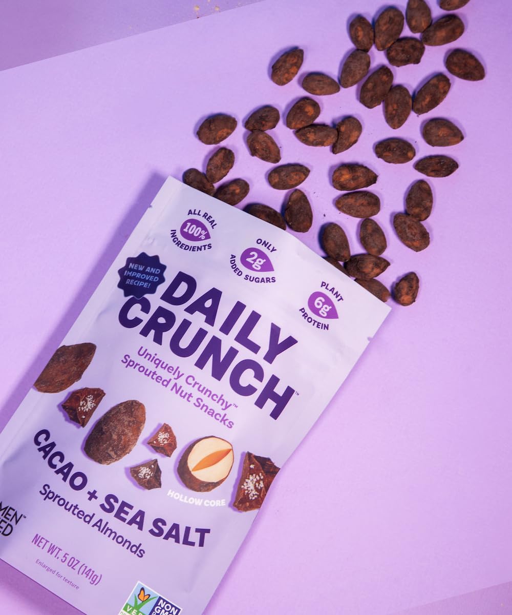 Daily Crunch Sprouted Almonds, 5 Ounce Resealable Bags (Cacao And Sea Salt, 2 Pack) Packaging May Vary - Sprouted And Dehydrated
