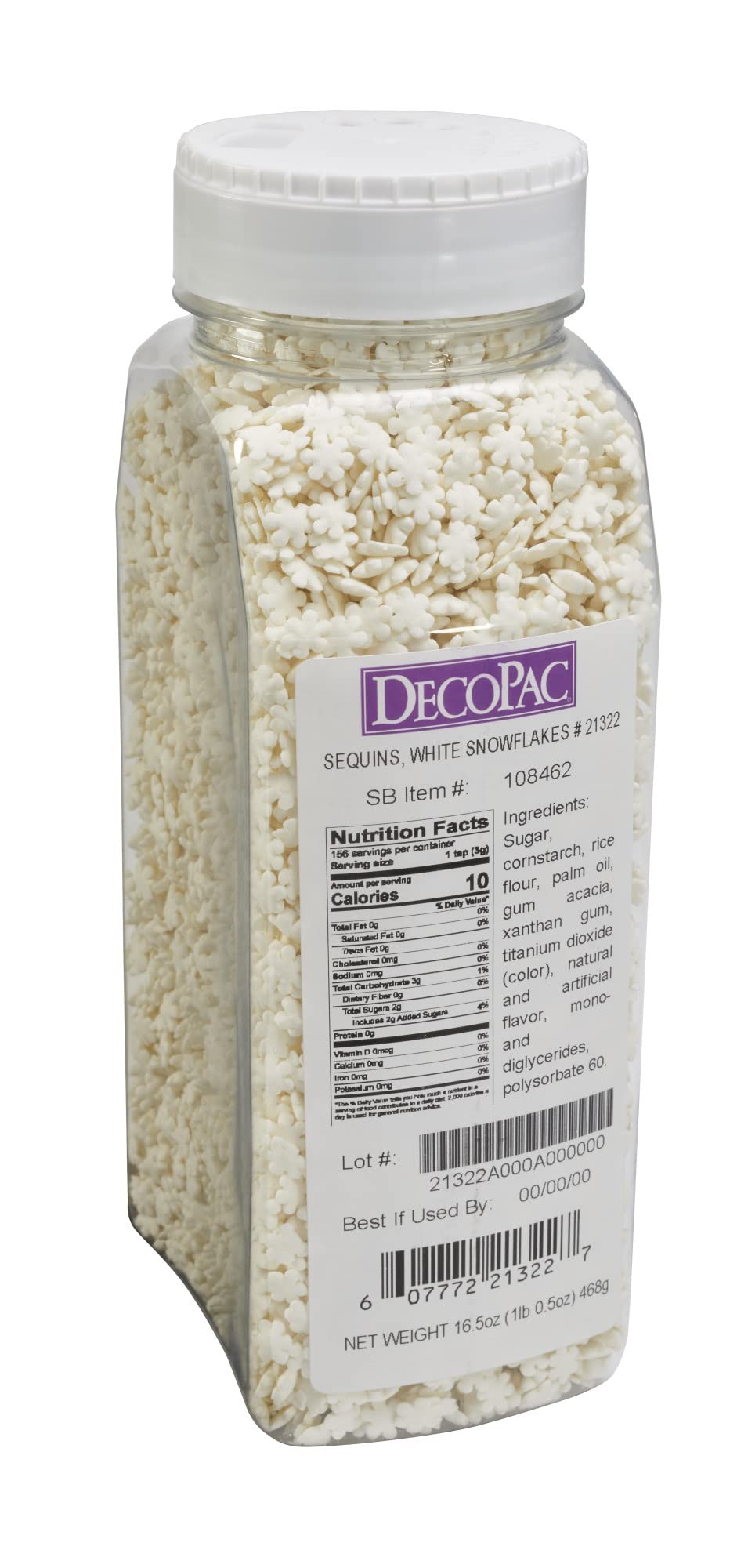 DecoPac White Snowflake Quins, 16.5oz, Fancy Sprinkles Shaped Like Snowflakes, Candy Sprinkles in Handheld Container, Edible Spr