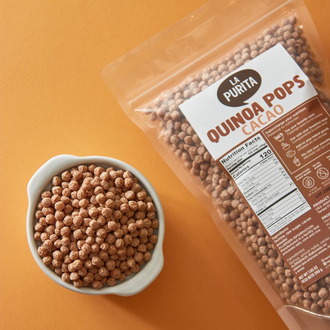 La Purita Quinoa Pops, Cacao - Gluten-Free, Sugar-Free, Vegan Superfood, 6.35 oz