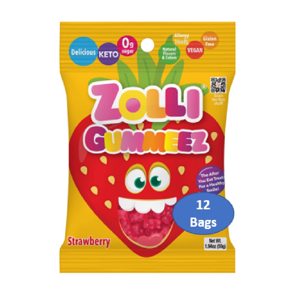 Zolli Gummies Strawberry - Delicious Zero Sugar, Allergy-Free, KETO, Vegan Clean Teeth Candy - 12 Packs of 1.94oz for a Strawber