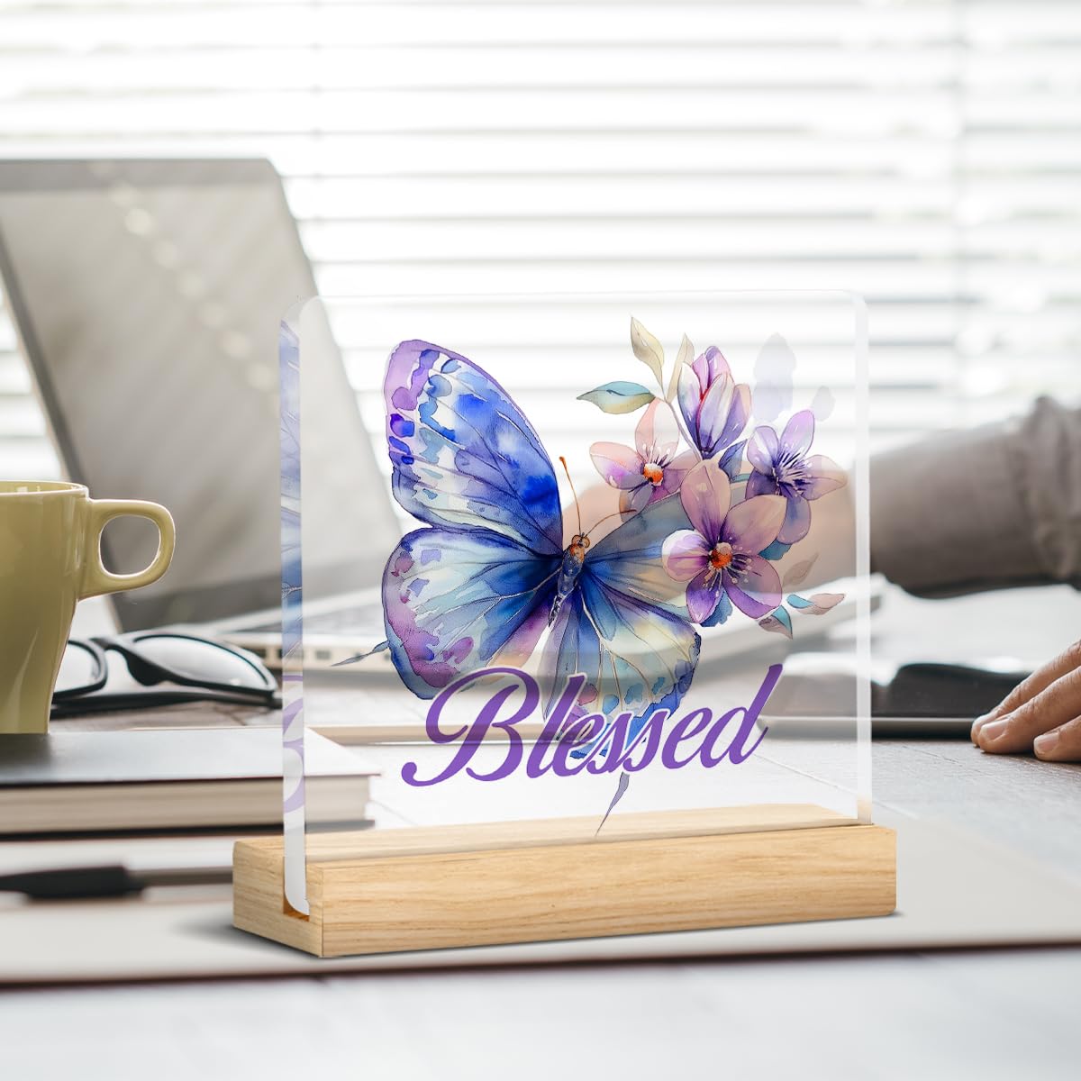 Opomzk Acrylic Desk Sign - Christian Gifts for Women, Purple Butterfly, Inspirational Bible Verses, Model LY17-18-Blessed, Multicolor R